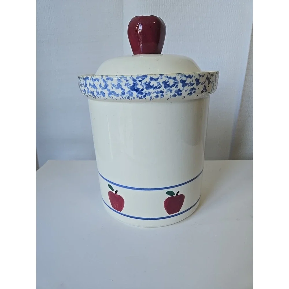 Vtg Treasure Craft Apple Cookie Jar Canister Spongeware Pottery Retro Kitchen 10
